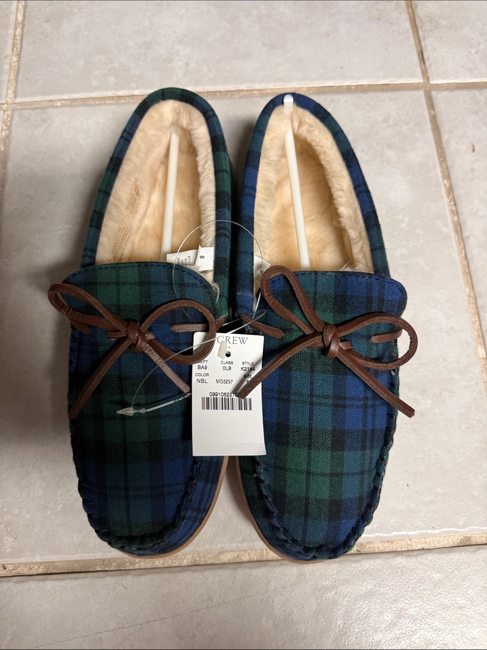 J. Crew Men’s Blue & Green Plaid Fleece-Lined Moccasin Slippers